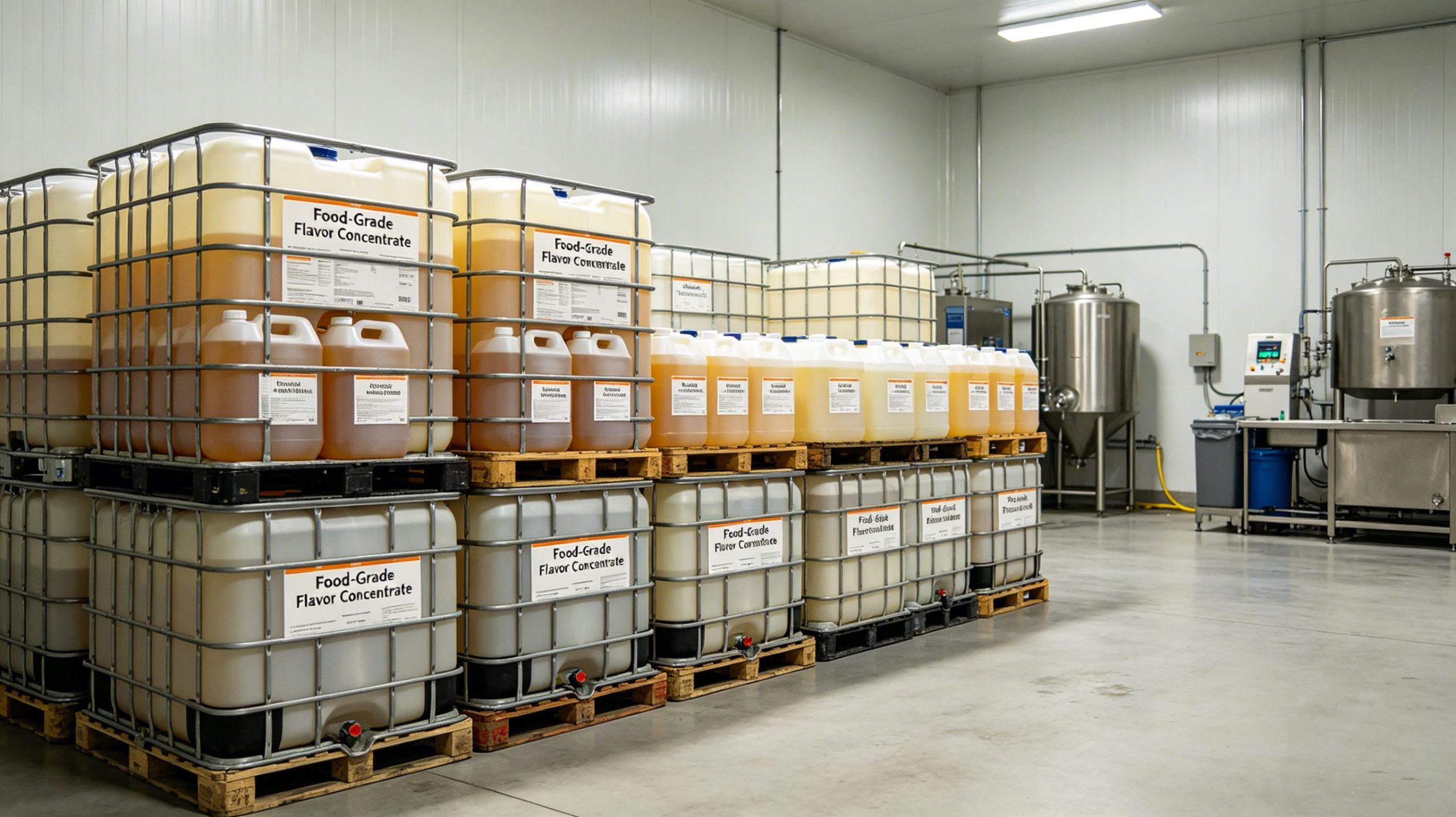 Bulk packaging of food-grade flavor concentrates in a sanitized warehouse